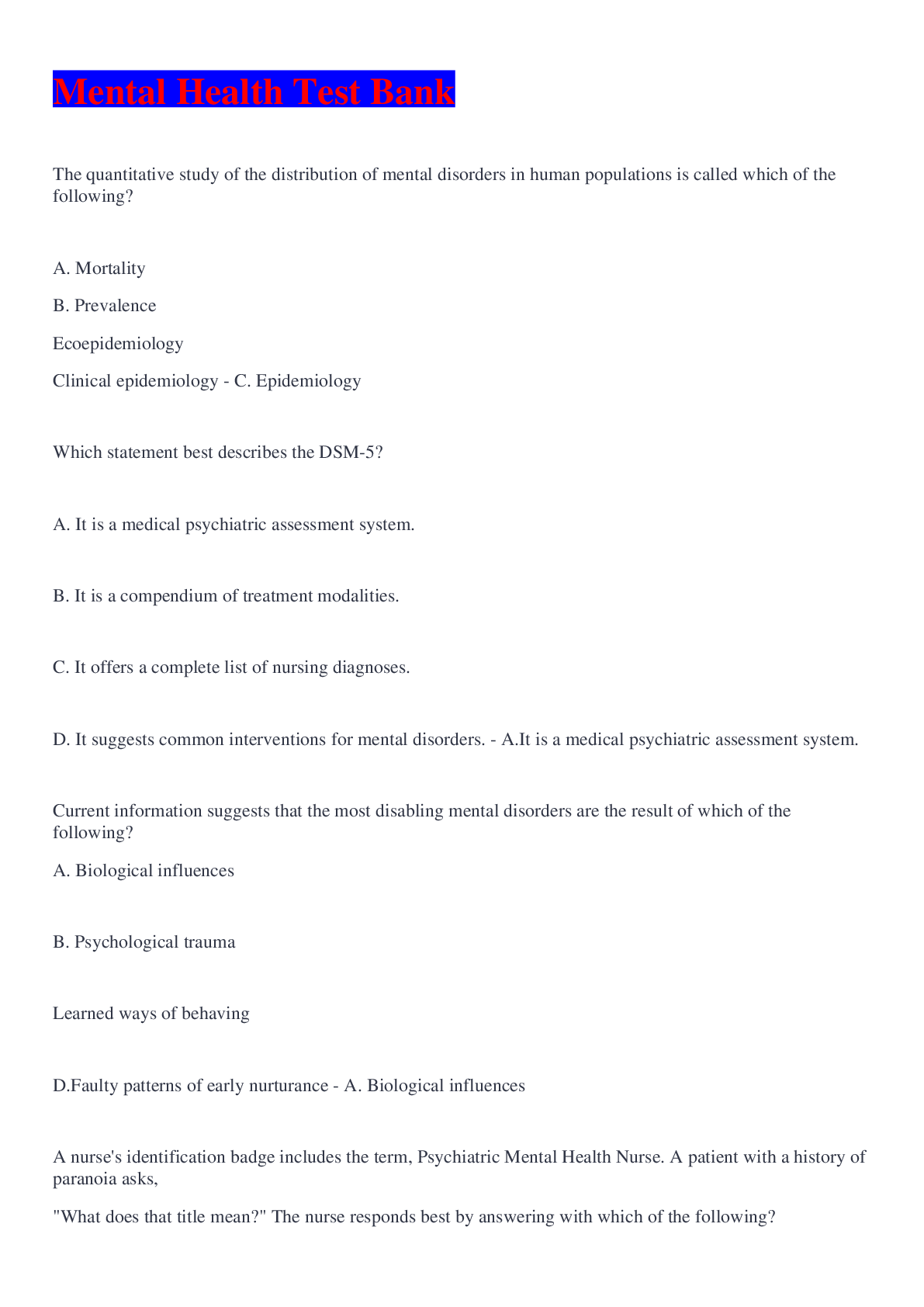 Preview image for Mental Health Test Bank QUESTIONS AND 100% CORRECT ANSWERS